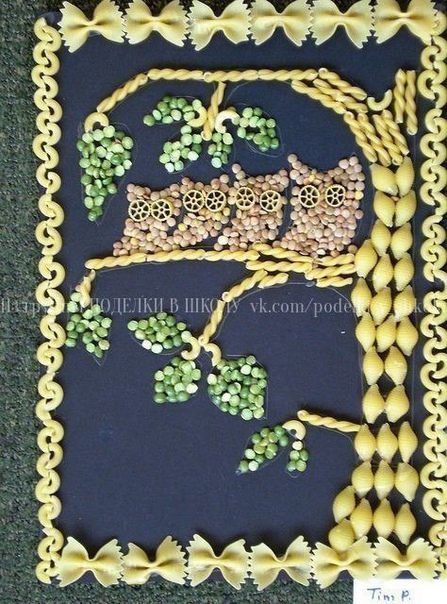 Идеи аппликаций из круп и макарон