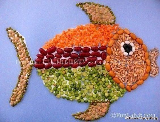 Идеи аппликаций из круп и макарон