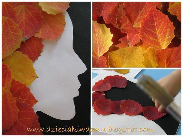 Поделки. портреты из осенних листьев.