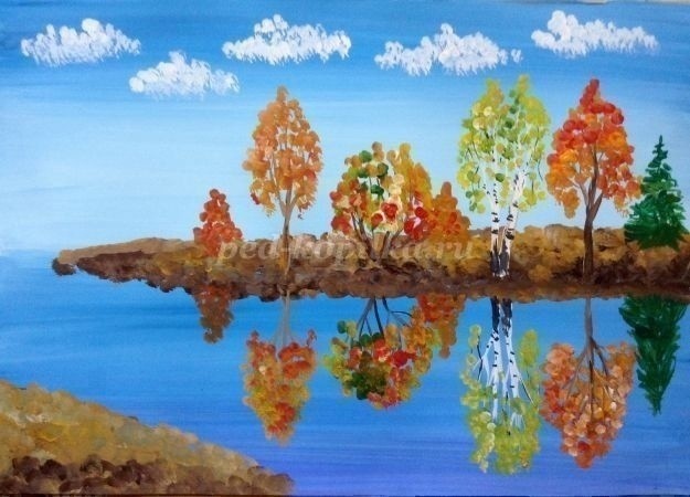 ​Осенний пейзаж у водоёма гуашью