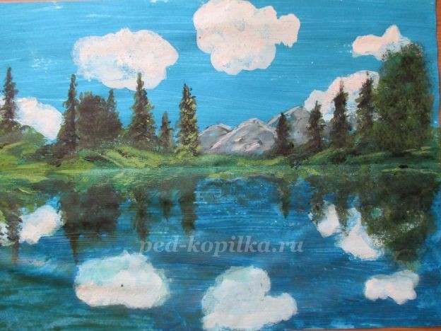 Летний пейзаж в технике монотипия: часть 3