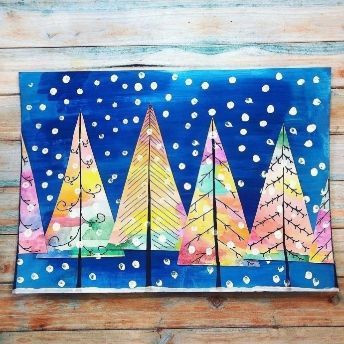 Рисуем зиму с яркими деревьями