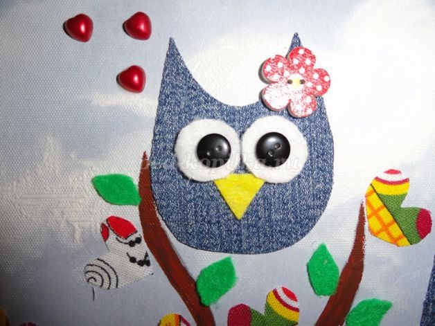 Аппликация из джинсовой ткани детскими руками: дерево с совами, часть 2 Аппликация из джинсовой ткани детскими руками: дерево с совами, часть 2