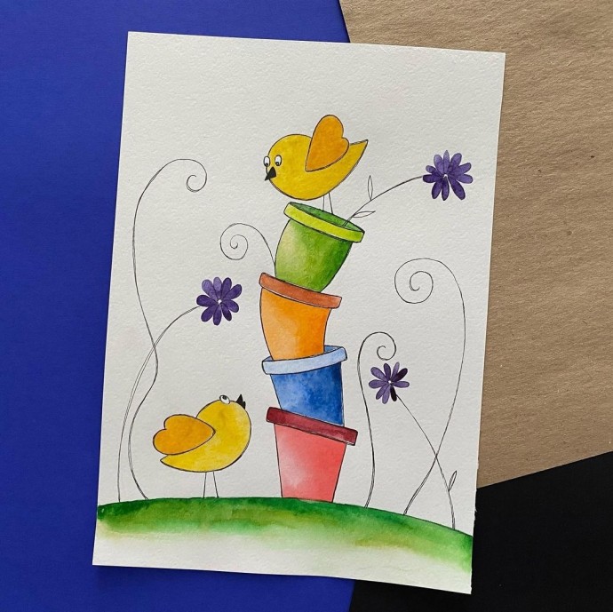 Рисунок с горшками и птичками Рисунок с горшками и птичками