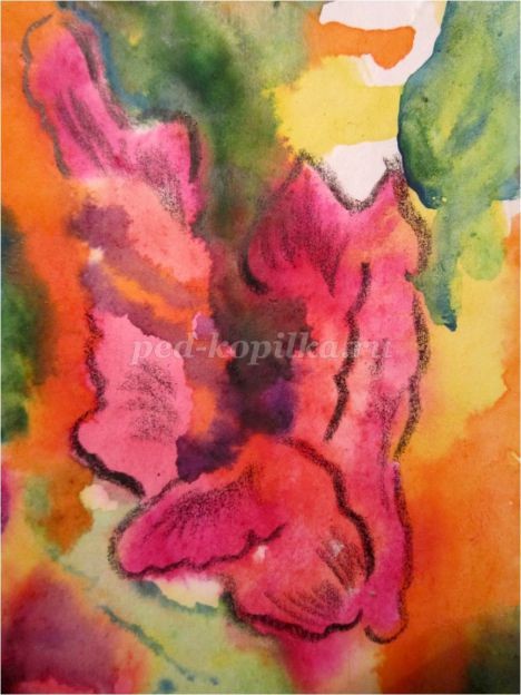 ​Рисование цветов в смешанной технике: акварельная живопись "по-сырому" и восковые цветные карандаши: часть 4