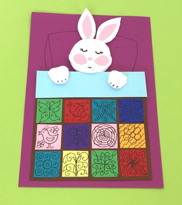 ​Аппликация для малышей из бумаги и ватных дисков "Одеяло для зайки"