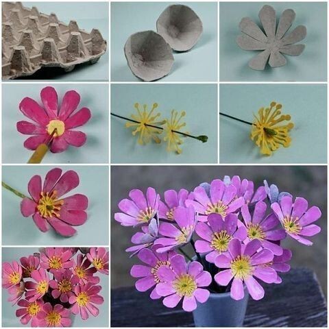Разные варианты цветов из картонных лотков