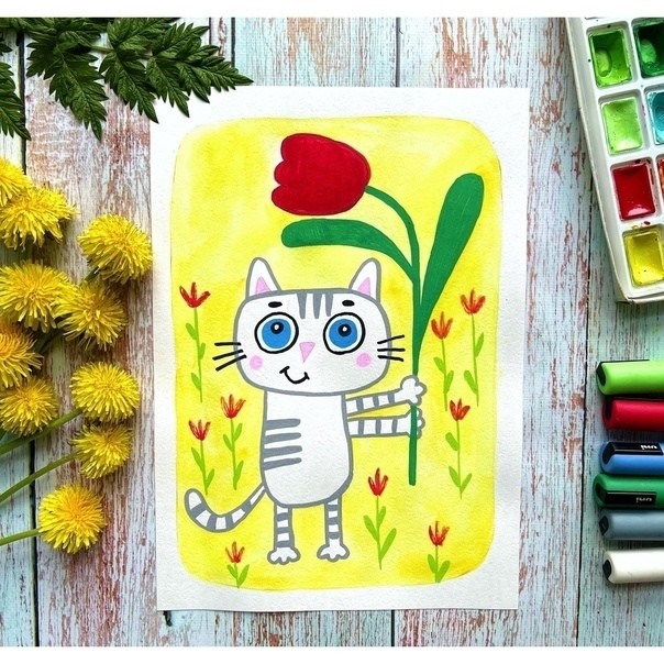 ​Рисуем кота с тюльпаном