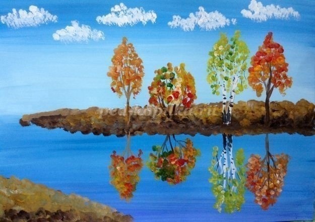 ​Осенний пейзаж у водоёма гуашью