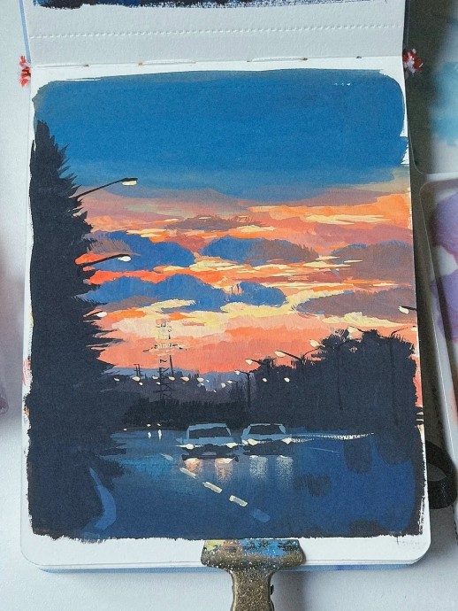 Рисуем ночную дорогу на закате