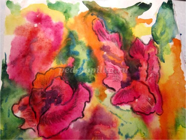 ​Рисование цветов в смешанной технике: акварельная живопись "по-сырому" и восковые цветные карандаши: часть 4