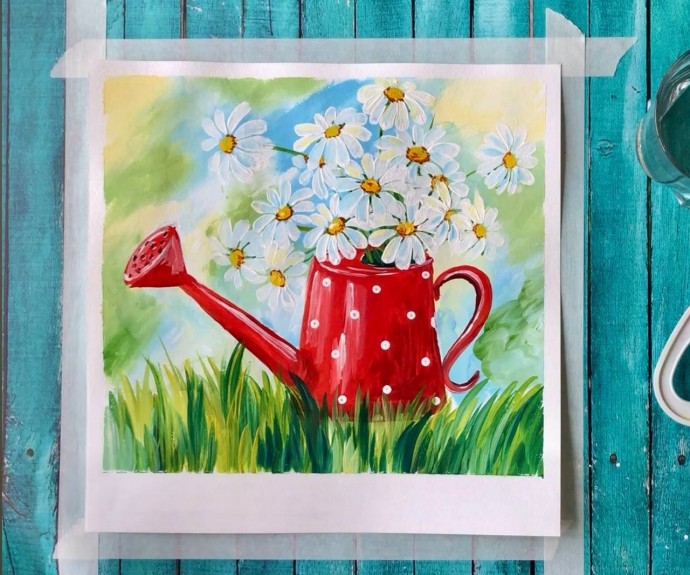 Рисуем ромашки в лейке