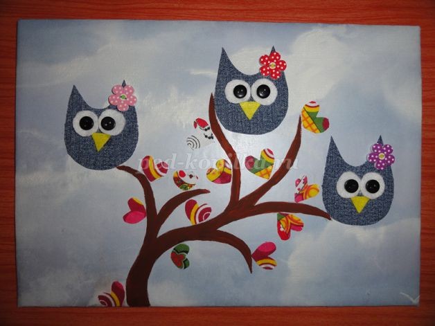 Аппликация из джинсовой ткани детскими руками: дерево с совами, часть 2 Аппликация из джинсовой ткани детскими руками: дерево с совами, часть 2