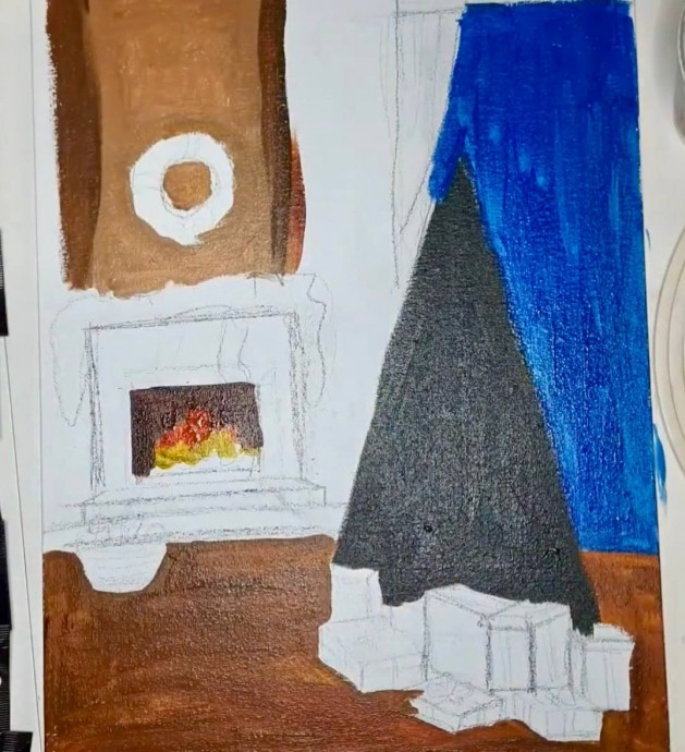 Рисуем новогоднюю ёлочку около камина Рисуем новогоднюю ёлочку около камина