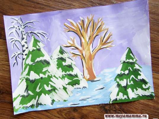 Рисуем с детьми зимний лес гуашью