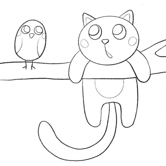 Рисуем котенка на ветке с птичкой