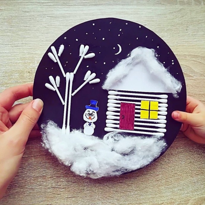 Зимняя аппликация из ваты и ватных палочек