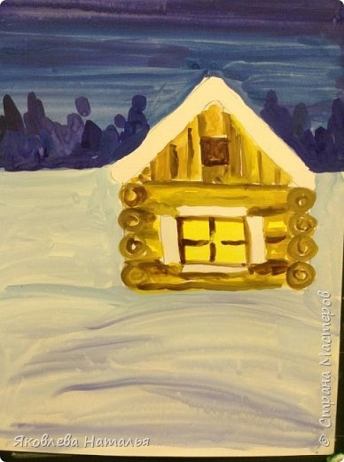 Как нарисовать зимний пейзаж с домиком