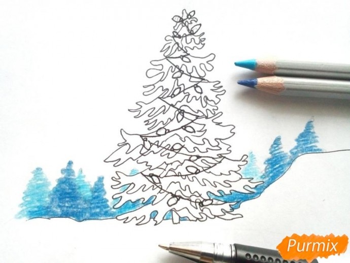 Рисуем новогоднюю ёлку с гирляндами