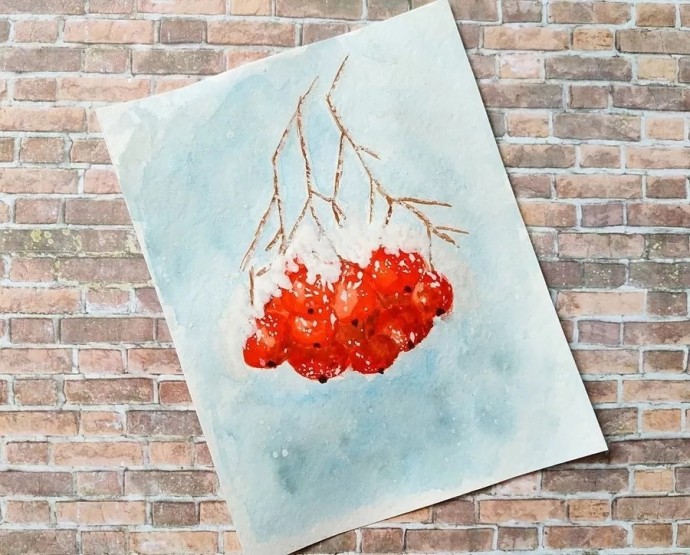 ​Скетч акварелью "Рябина под снегом"