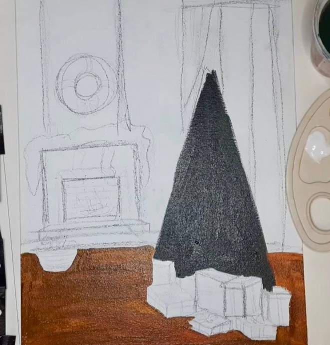 Рисуем новогоднюю ёлочку около камина Рисуем новогоднюю ёлочку около камина