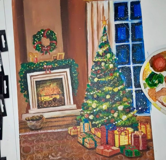 Рисуем новогоднюю ёлочку около камина Рисуем новогоднюю ёлочку около камина