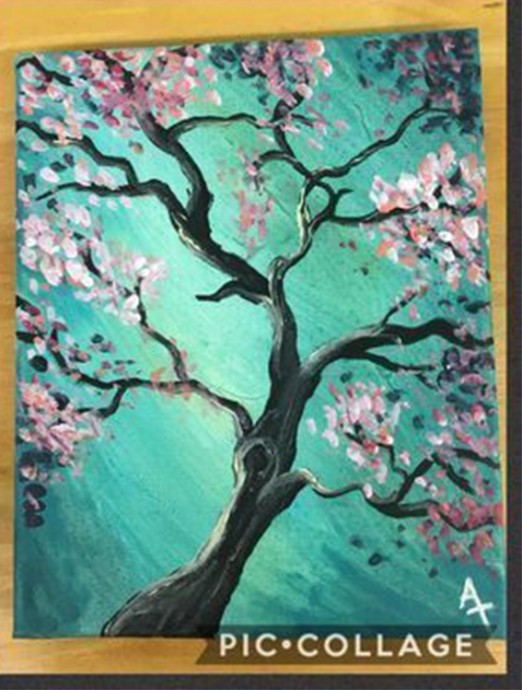 ​Рисуем цветущее дерево на бирюзовом фоне