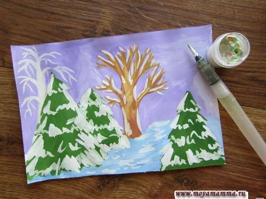 Рисуем с детьми зимний лес гуашью