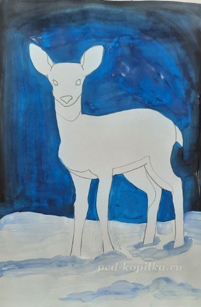 ​Урок рисования оленя в зимнем лесу: часть 2
