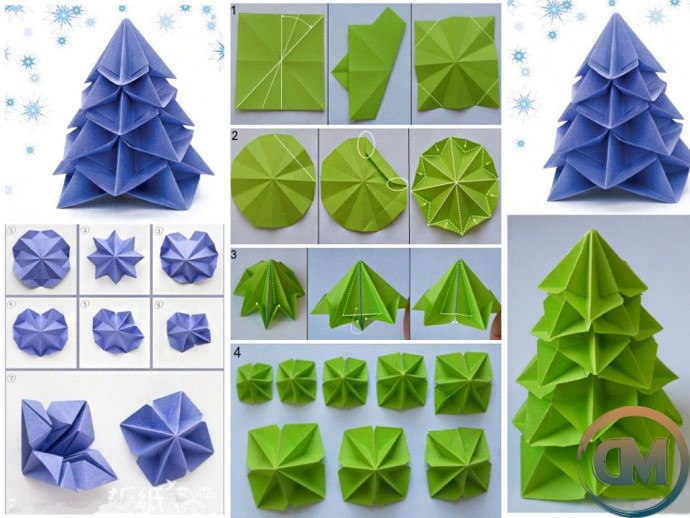 ​Ёлки-оригами из цветной бумаги