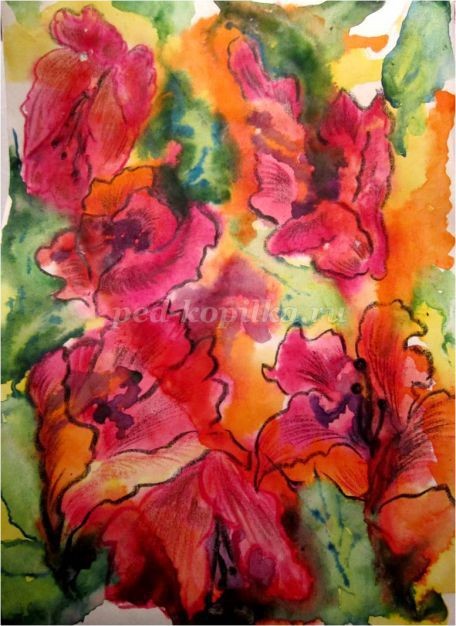 ​Рисование цветов в смешанной технике: акварельная живопись "по-сырому" и восковые цветные карандаши: часть 5