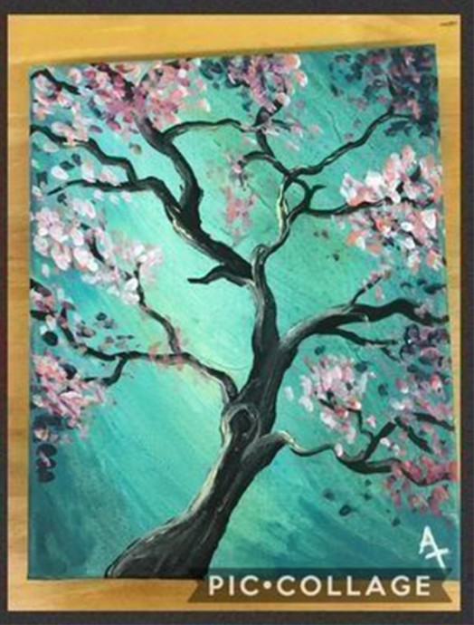 ​Рисуем цветущую сакуру на бирюзовом фоне