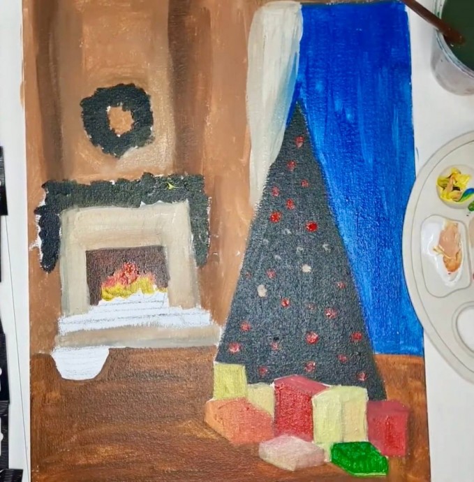 Рисуем новогоднюю ёлочку около камина Рисуем новогоднюю ёлочку около камина