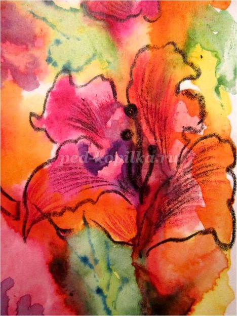 ​Рисование цветов в смешанной технике: акварельная живопись "по-сырому" и восковые цветные карандаши: часть 5