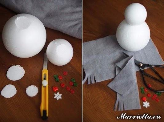 ​Снеговики из пенопластовых шариков и фетра