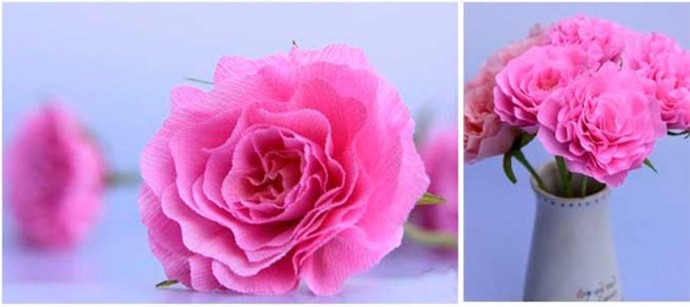 Розовая роза из гофрированной бумаги
