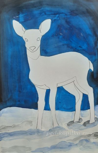 ​Урок рисования оленя в зимнем лесу: часть 2