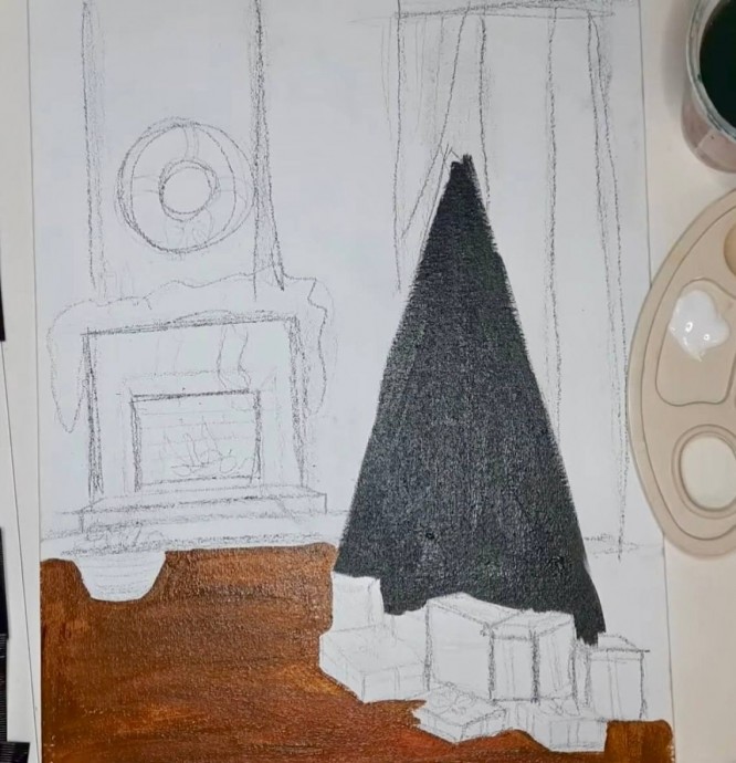 Рисуем новогоднюю ёлочку около камина Рисуем новогоднюю ёлочку около камина