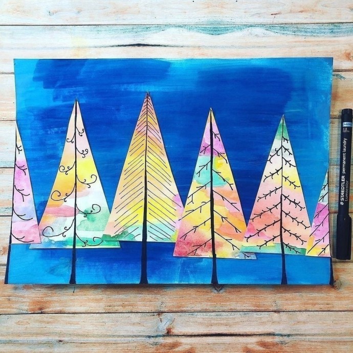 Рисуем зиму с яркими деревьями Рисуем зиму с яркими деревьями