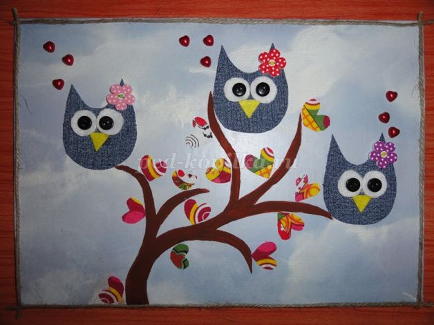 Аппликация из джинсовой ткани детскими руками: дерево с совами, часть 2 Аппликация из джинсовой ткани детскими руками: дерево с совами, часть 2