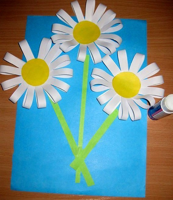 Ромашки из согнутых пополам полосок бумаги Ромашки из согнутых пополам полосок бумаги