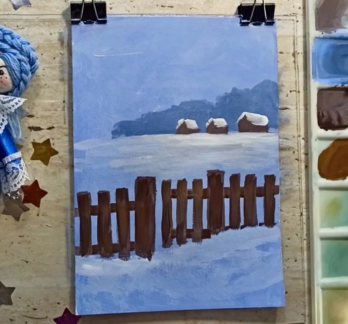 Рисуем зимний пейзаж с котиком Рисуем зимний пейзаж с котиком