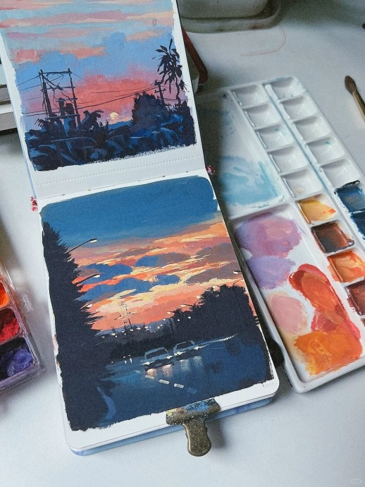 Рисуем ночную дорогу на закате