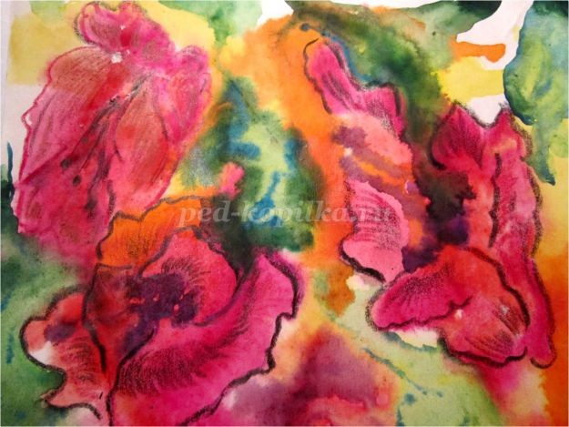 ​Рисование цветов в смешанной технике: акварельная живопись "по-сырому" и восковые цветные карандаши: часть 4