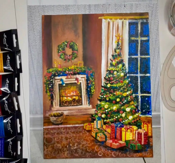 Рисуем новогоднюю ёлочку около камина Рисуем новогоднюю ёлочку около камина