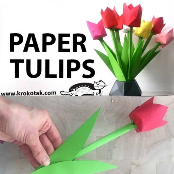 ​Объемные тюльпаны из цветной бумаги