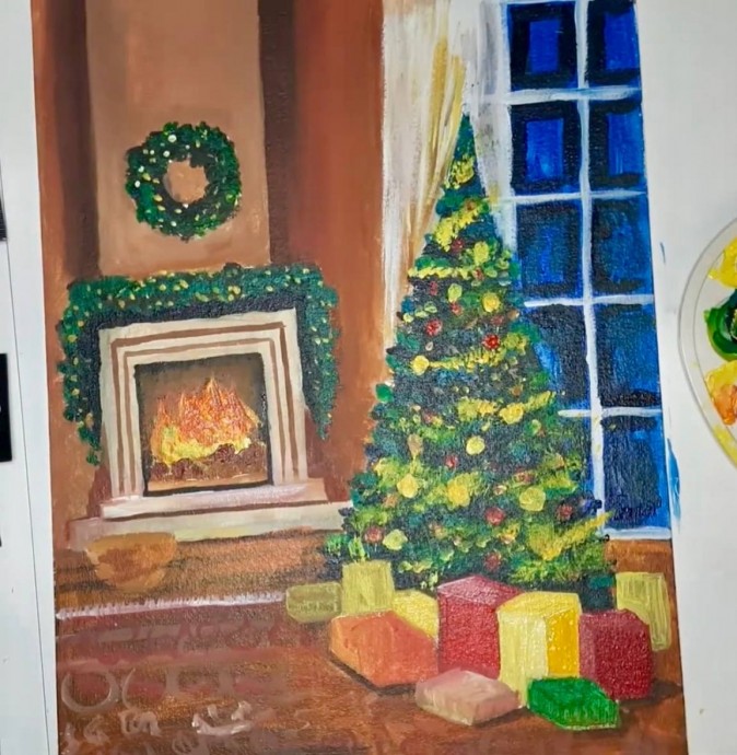 Рисуем новогоднюю ёлочку около камина Рисуем новогоднюю ёлочку около камина