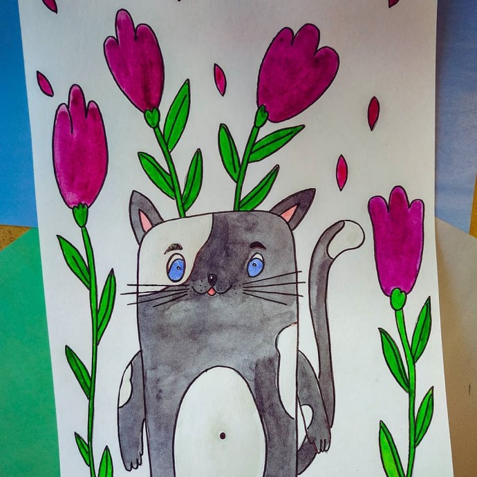 ​Рисуем котика в цветах