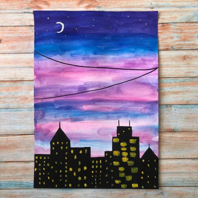 ​Рисуем ночной город с гирляндой фонарей