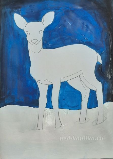 ​Урок рисования оленя в зимнем лесу: часть 2